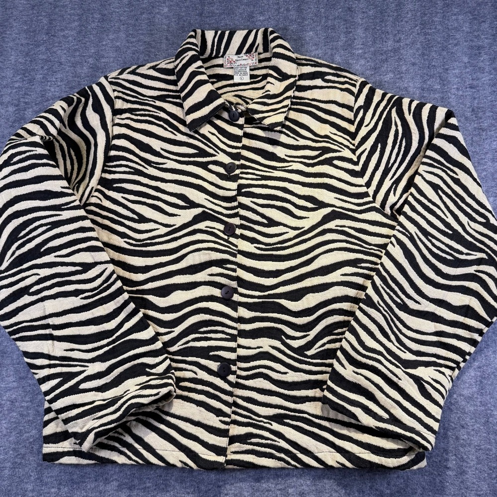 New Directions Zebra Print Jacket Shirt Womens Large 100% Cotton Black Beige